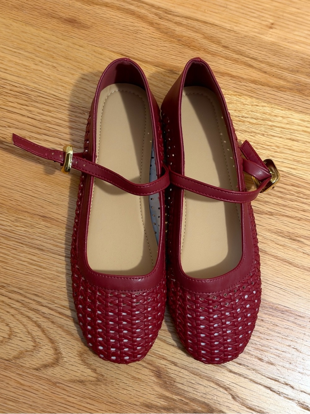SHEIN Burgundy Woven Mary Jane Flats with Gold Buckle